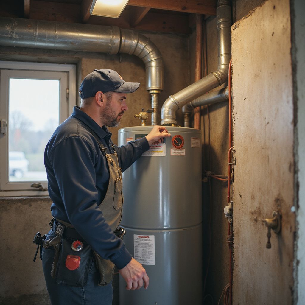 A plumber inspecting a water heater in a basement.