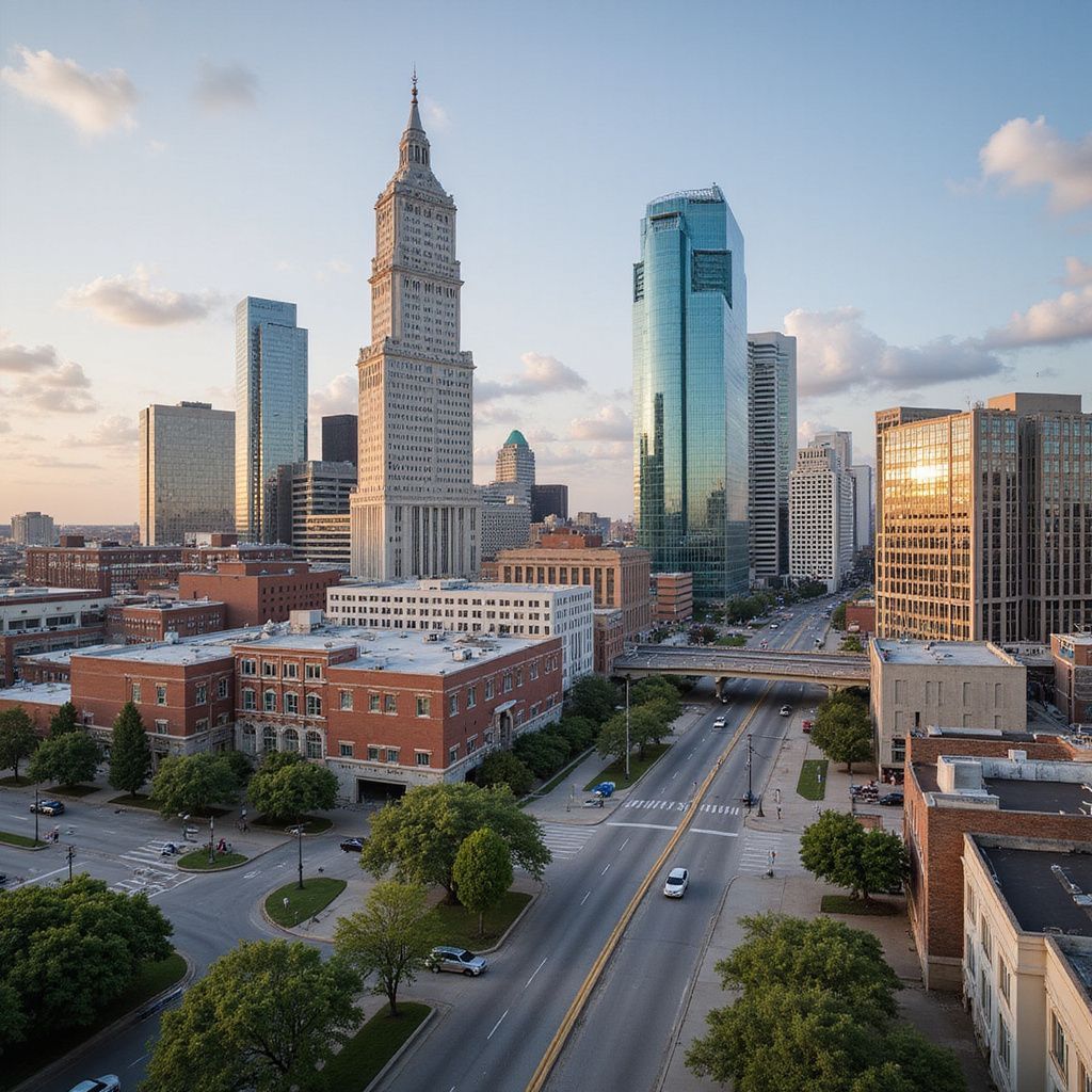City skyline with tall buildings, a wide road, and clear sky; Kansas City.