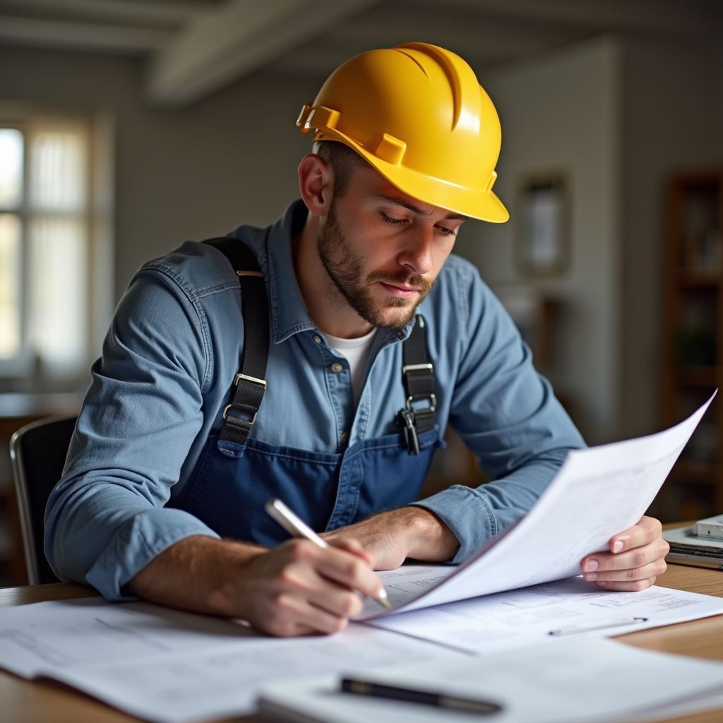 Construction worker in yellow hard hat, reviewing blueprints, writing with pen. Indoors.