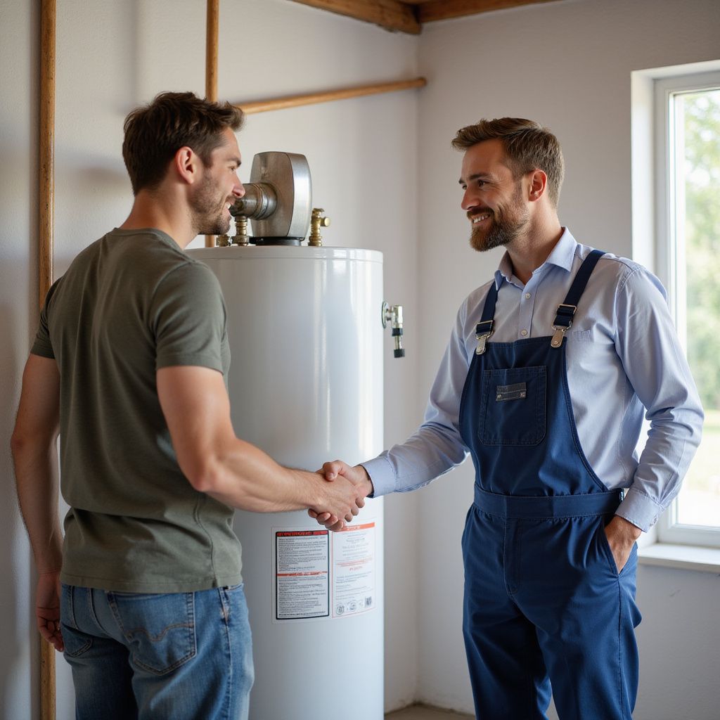 Two men shake hands in front of a water heater; one wears overalls, the other a t-shirt.