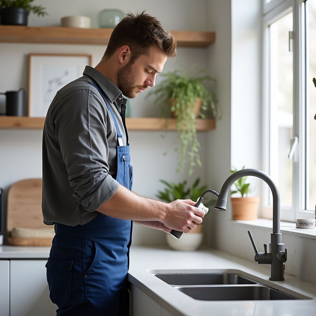 Man in overalls repairs kitchen faucet near sink.