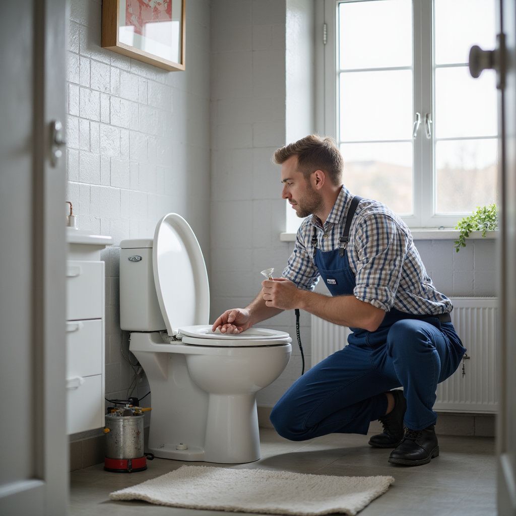 Plumber in blue overalls fixing a toilet in a bathroom with white tiles and a window.