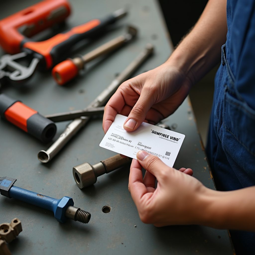 Person in blue overalls holding a business card near tools on a workbench.