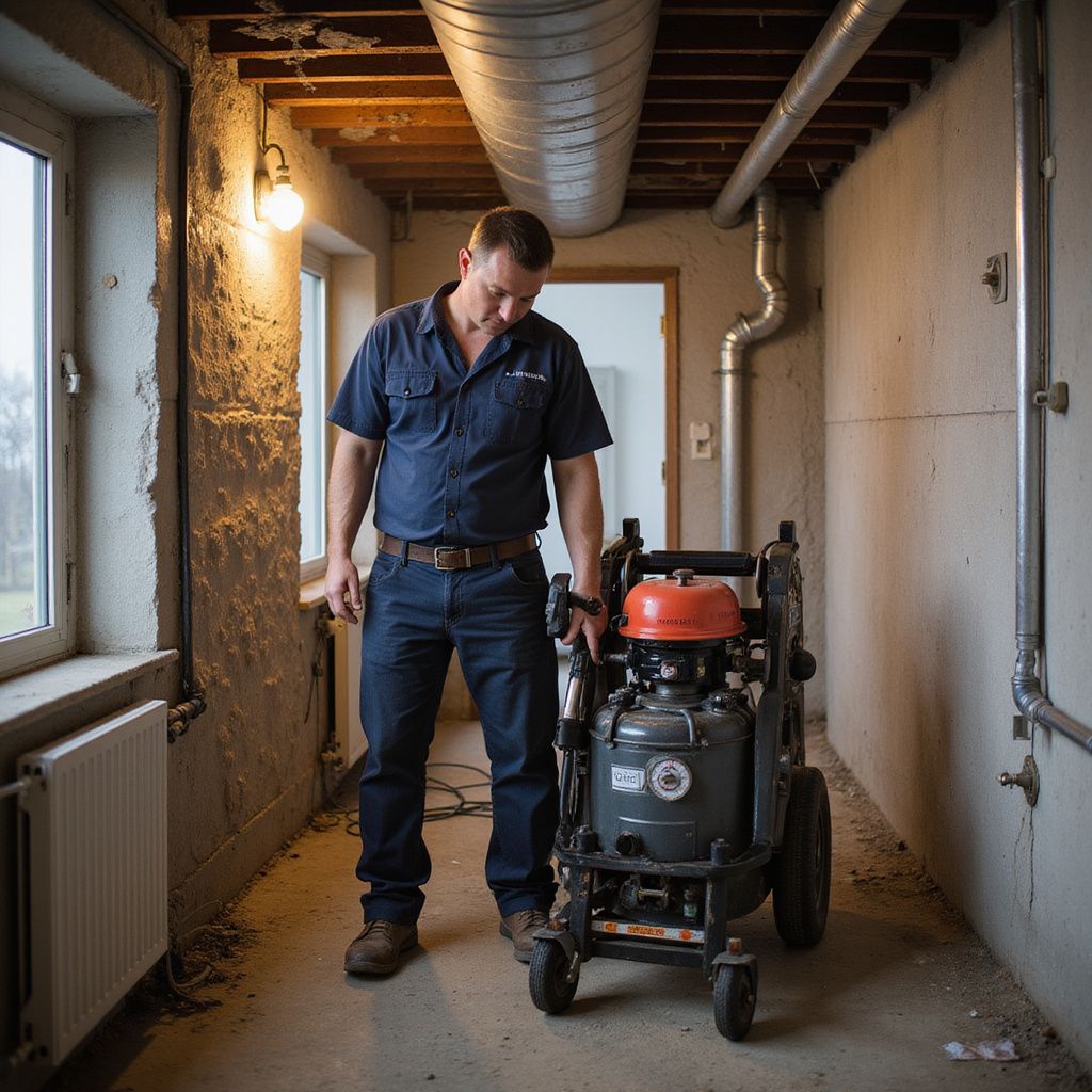 A worker inspects a floor grinding machine in a dimly lit basement hallway.