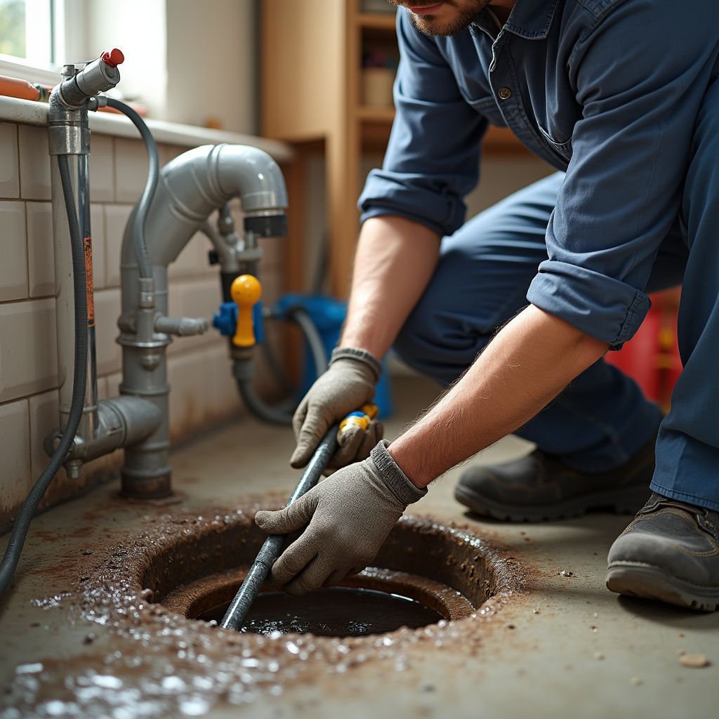 Plumber in blue overalls, kneeling, cleaning drain with a snake tool. Dirty concrete floor.