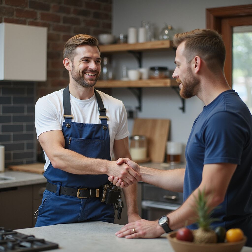 Two men shaking hands in a kitchen, one wearing a blue apron, smiling.