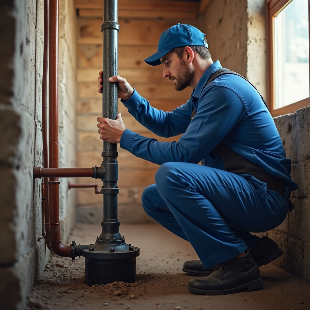 Plumber in blue overalls, installing a pipe in a basement.