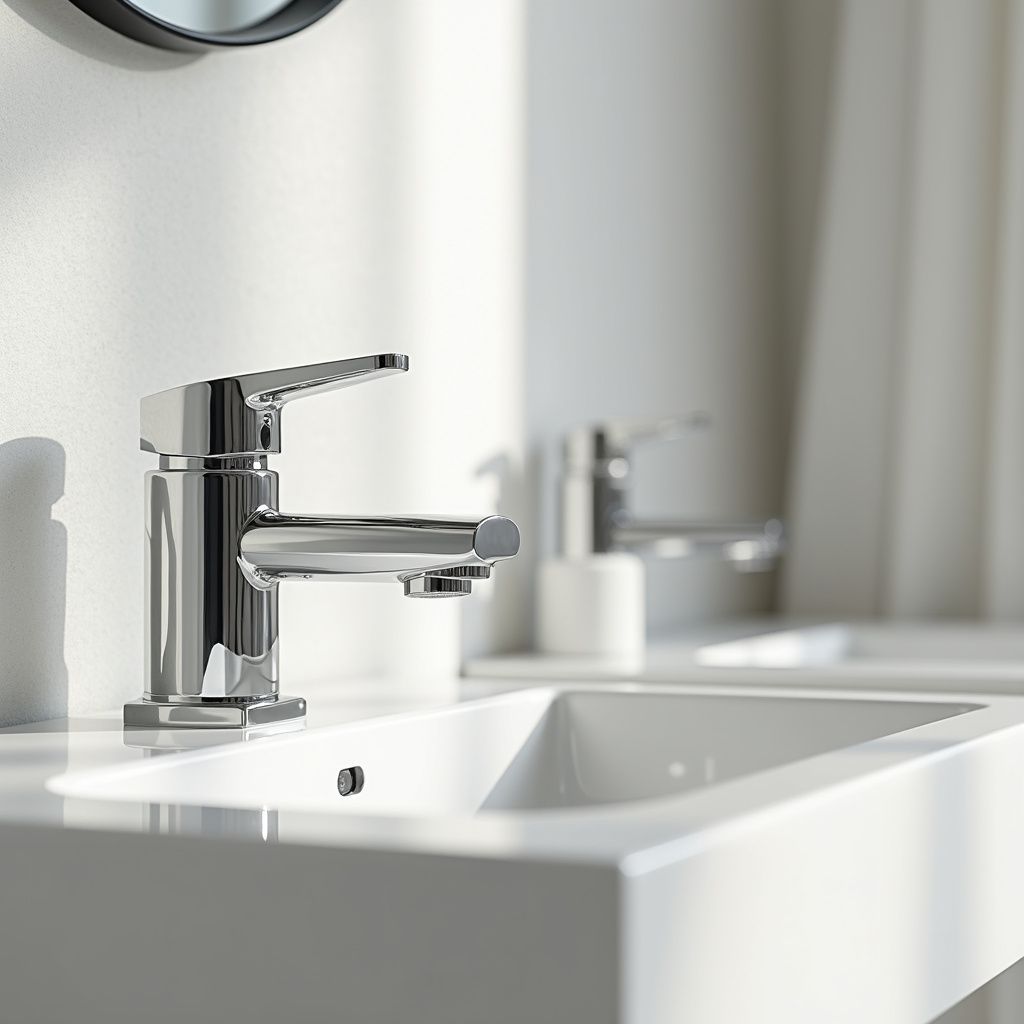 Close-up of a modern, chrome faucet in a white bathroom sink, with another faucet blurred in the background.