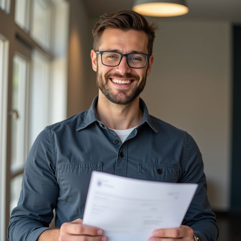 Man with glasses smiling, holding papers, near windows.
