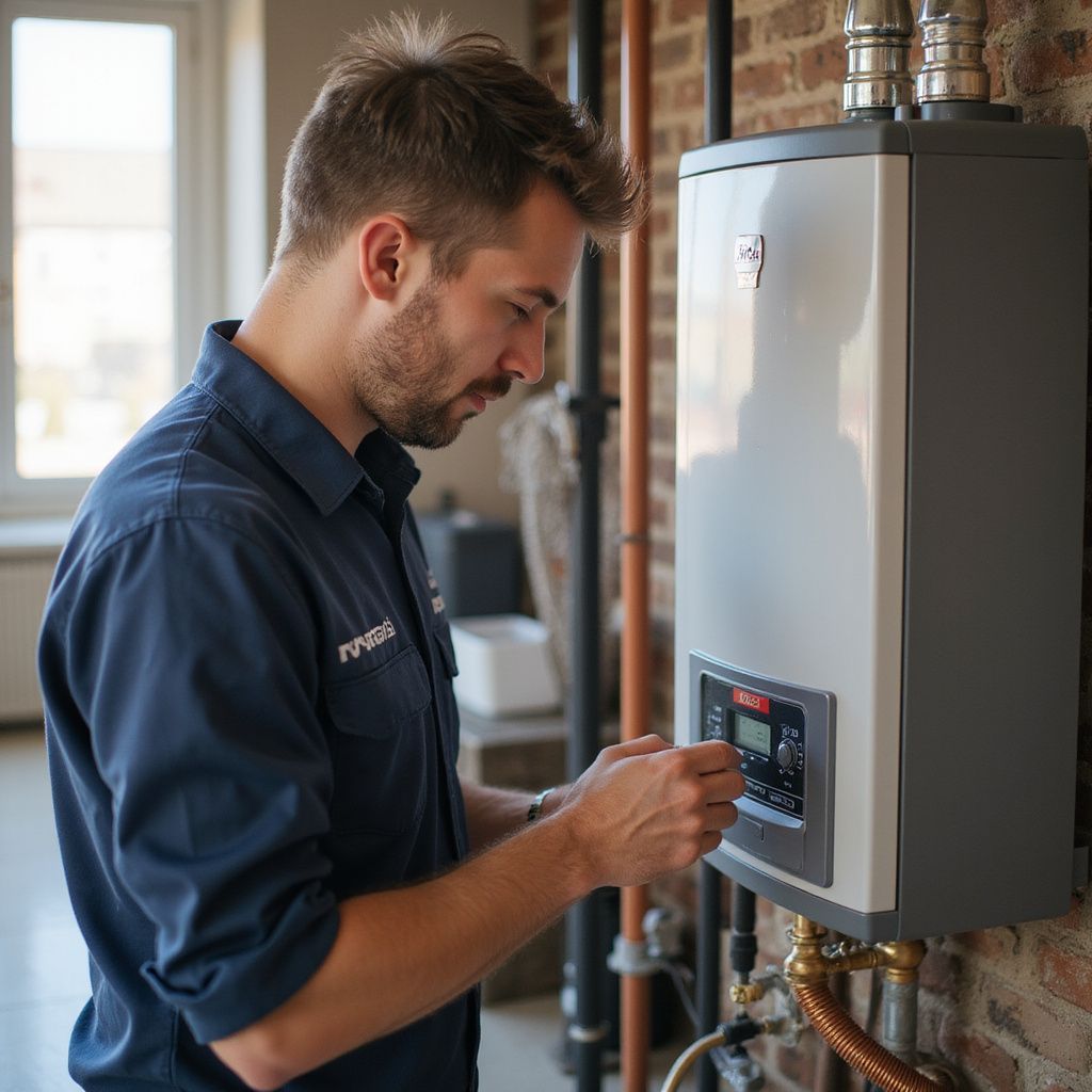 Man in blue shirt adjusting a white and gray boiler on a brick wall.
