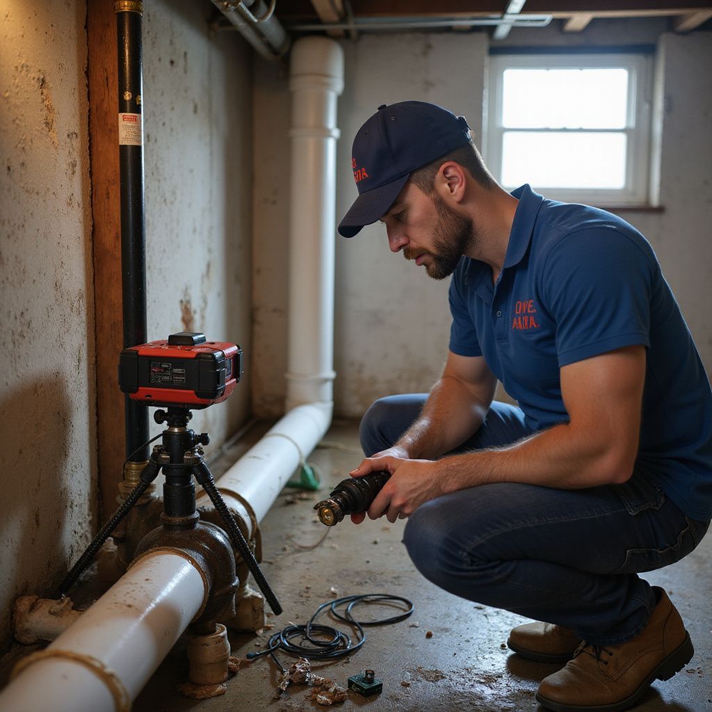 A man inspecting a pipe in a basement. He's wearing a cap and blue shirt. Red laser level on a tripod.