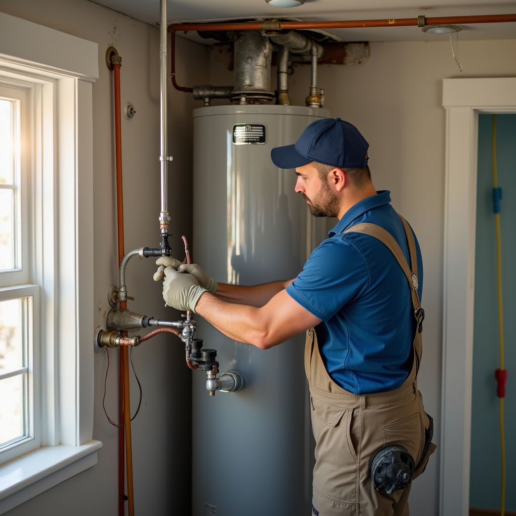 Plumber in blue shirt and overalls working on a water heater in a utility room.