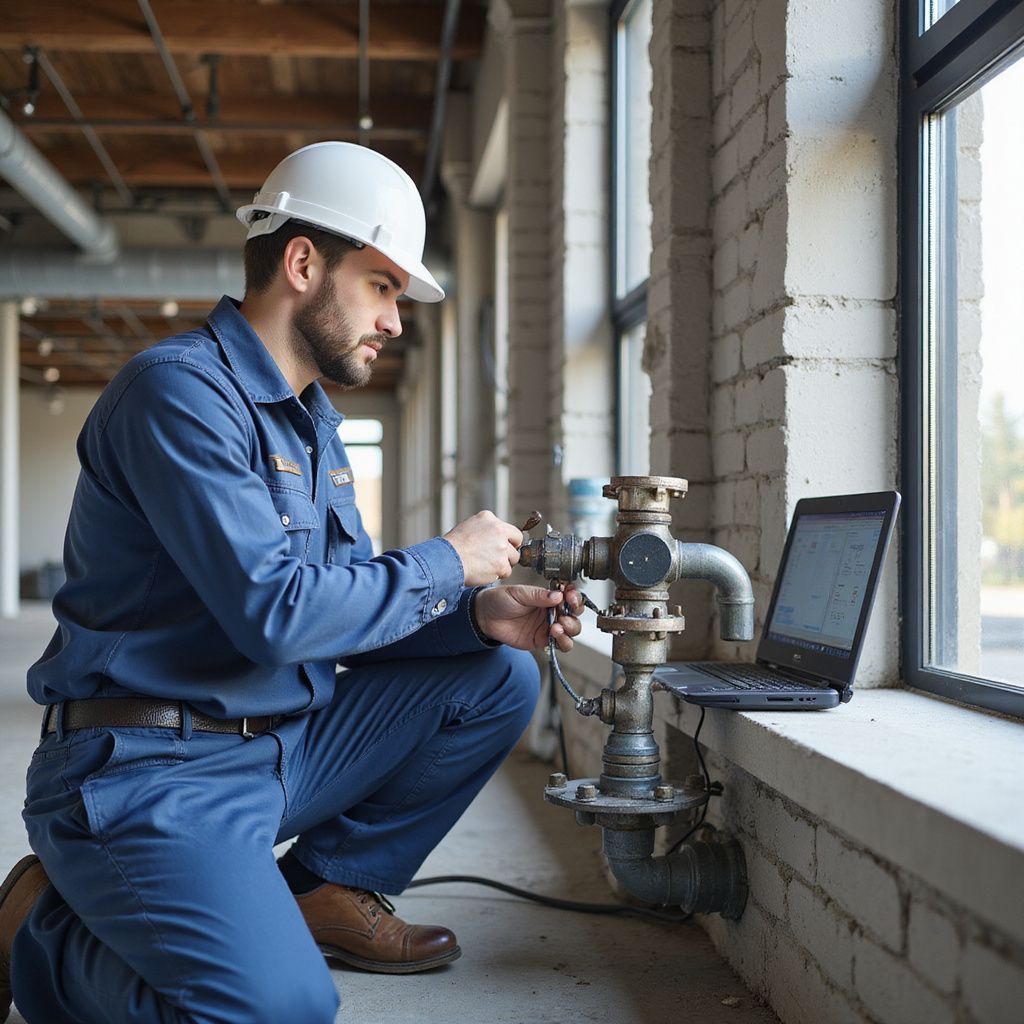 Construction worker in blue jumpsuit and hard hat examining plumbing near a laptop by a window.