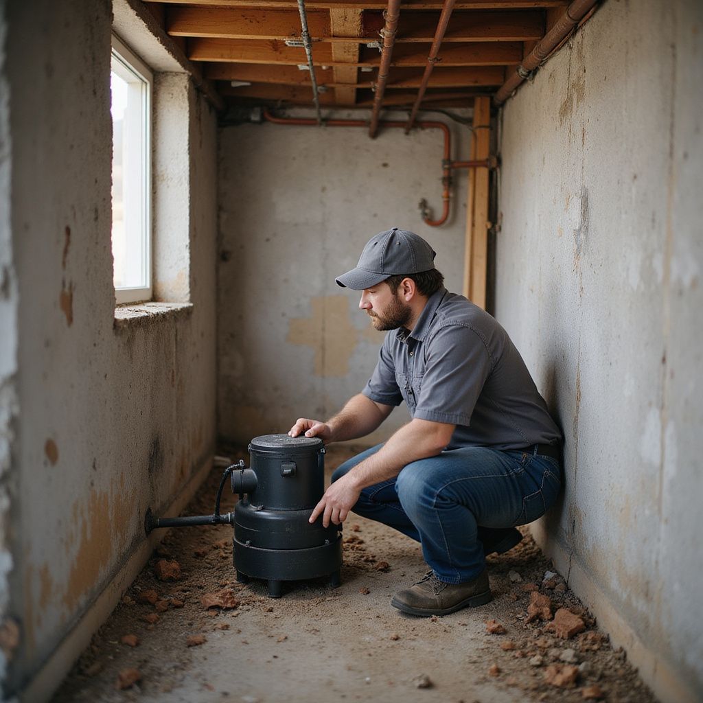 Man in grey shirt and cap crouches by black pump in basement.