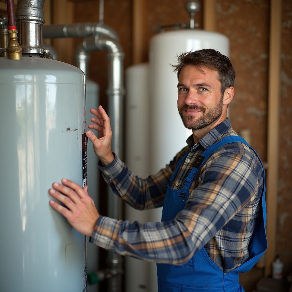 Man in blue overalls checks water heater, smiling indoors.