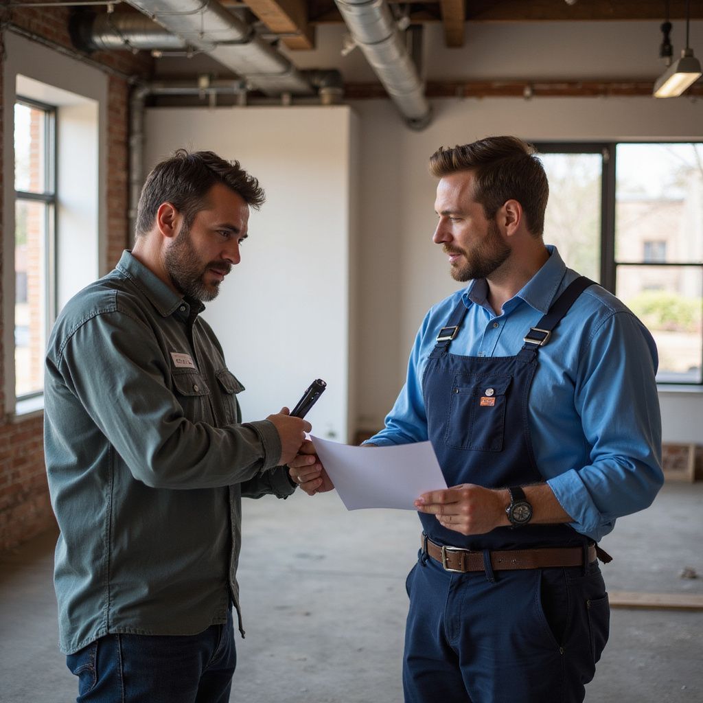 Two men in an open space shake hands. One holds papers, the other holds a pen. Industrial background.