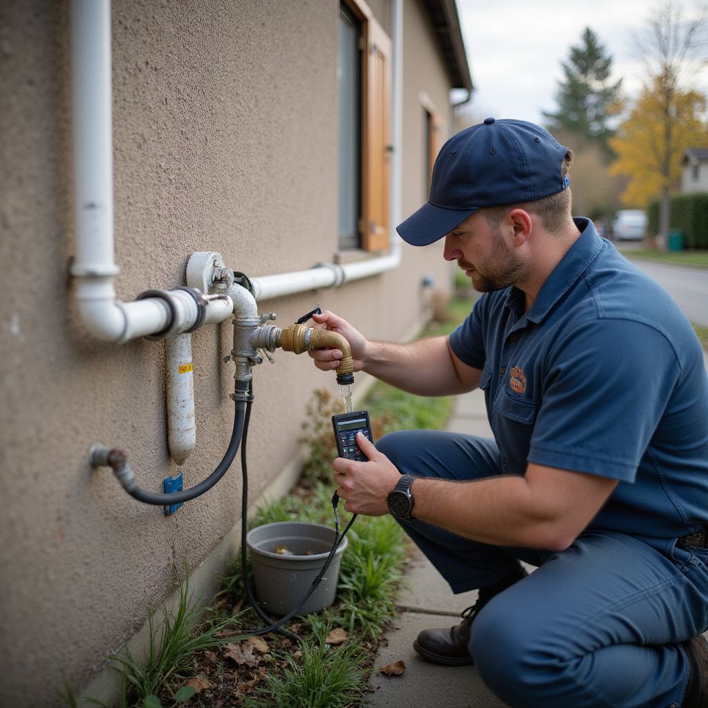 Man in blue uniform checks water valve on a building exterior, using a handheld meter.