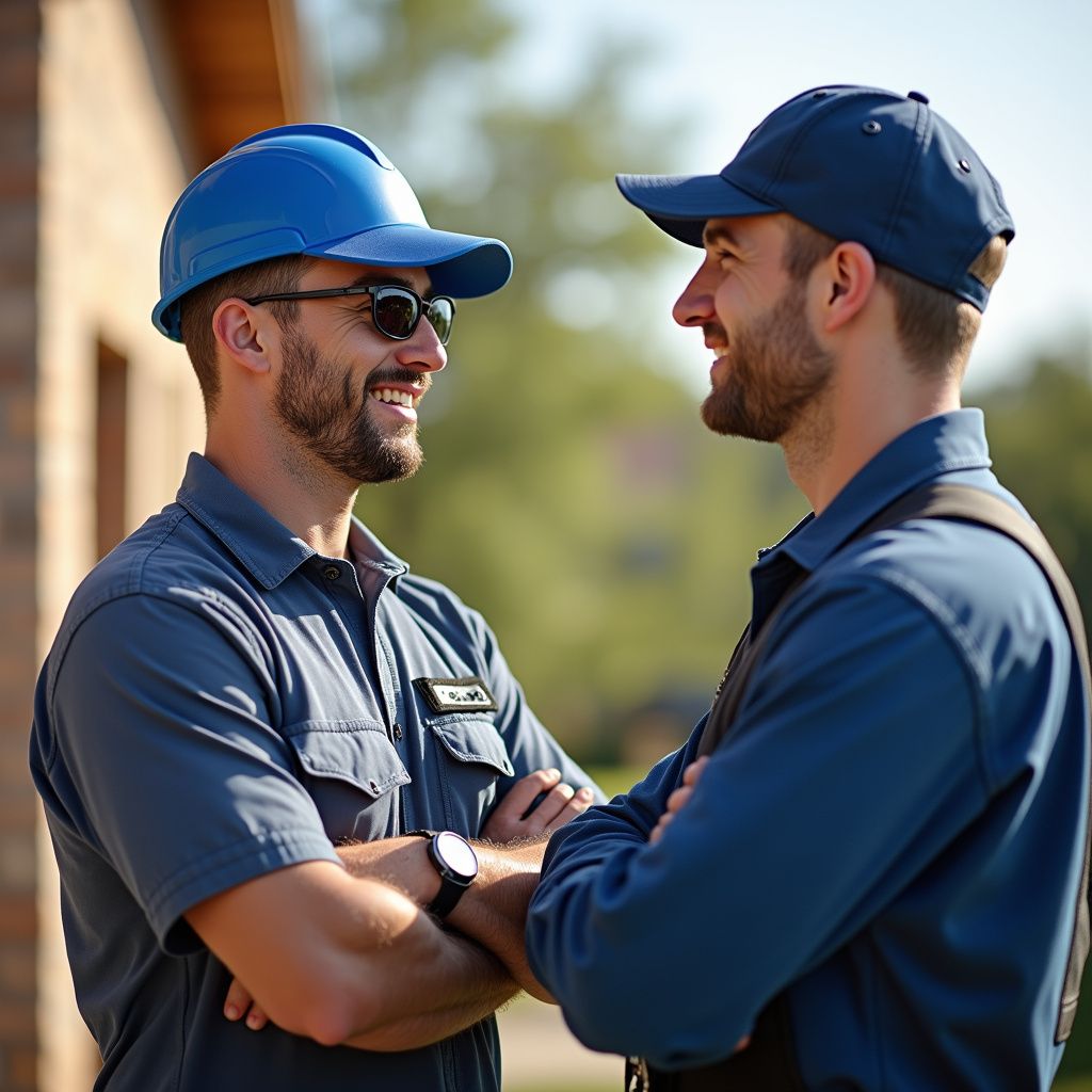 Two construction workers smiling and talking outdoors, one wearing a blue hard hat.
