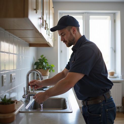 Plumber in a kitchen testing a faucet. He wears a cap, blue shirt, and jeans.