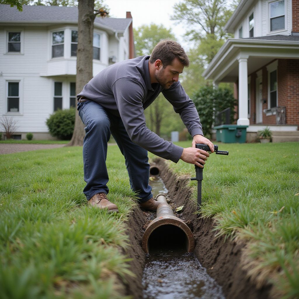 Man repairs a buried pipe in a ditch in a residential yard.
