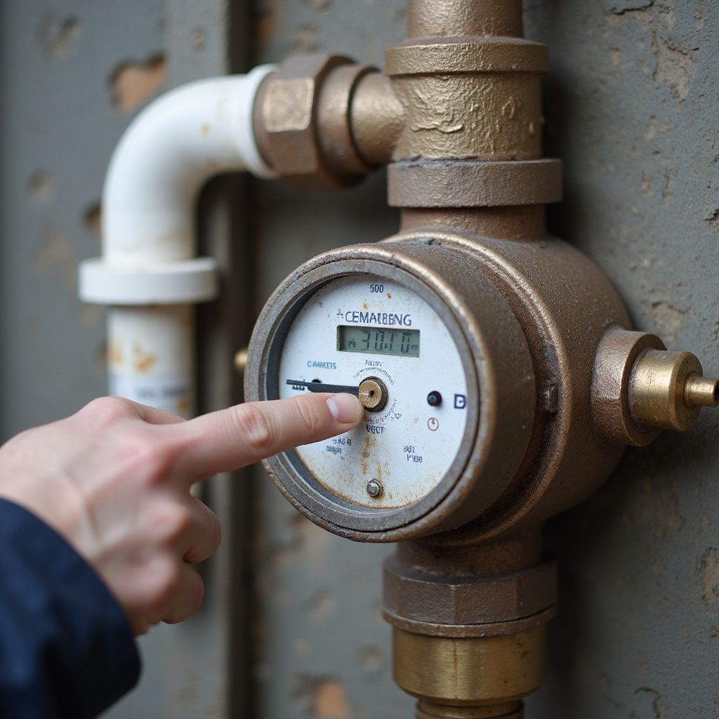 Person pressing a button on a brass water meter.
