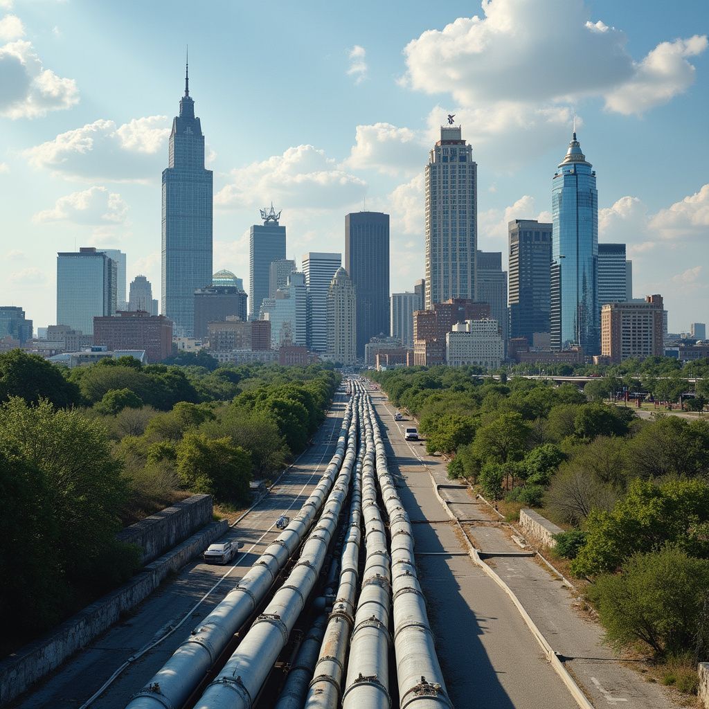 City skyline seen beyond a long pipeline with vehicles on the adjacent road. Bright, sunny day.