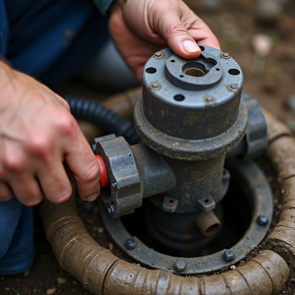 Person's hands adjusting a dark sprinkler system valve in an outdoor setting.