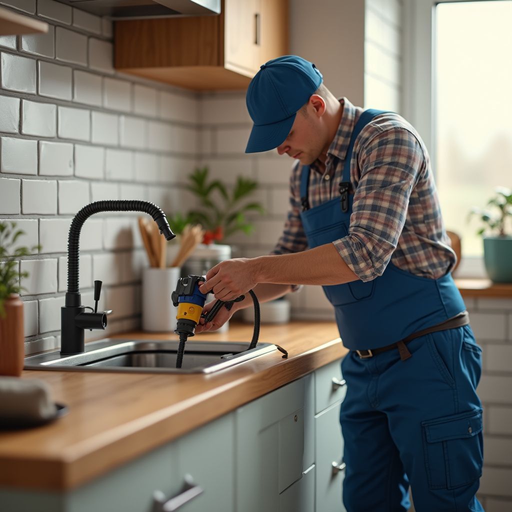 Plumber in blue overalls and cap installing a faucet in a kitchen with white tile and wooden countertops.
