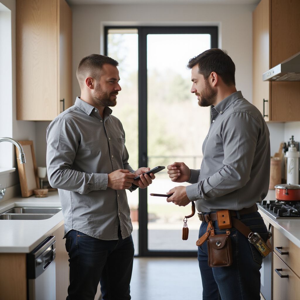 Two men in a modern kitchen, one in work gear. They are smiling and exchanging tools.