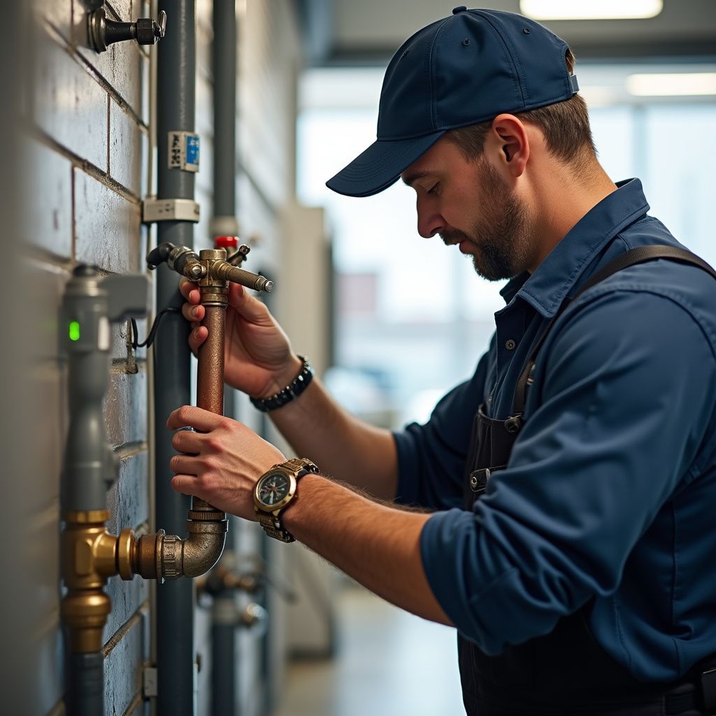 Plumber in blue shirt and cap, fixing pipes, indoors.