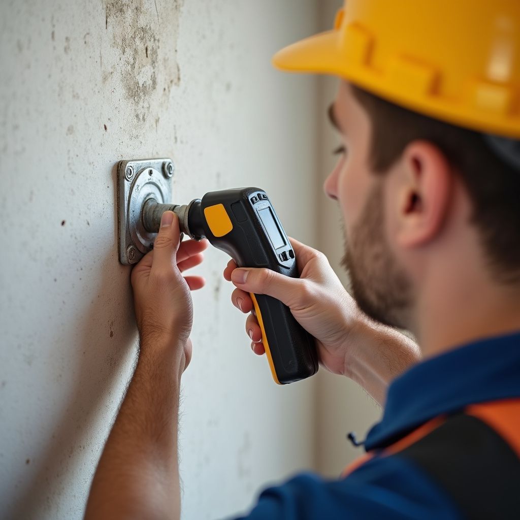 Construction worker using a handheld thermal imager on a wall fixture.