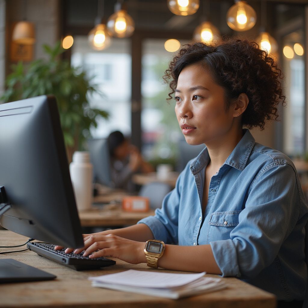 Woman with short curly hair, wearing a denim shirt, typing on a computer in a cafe.