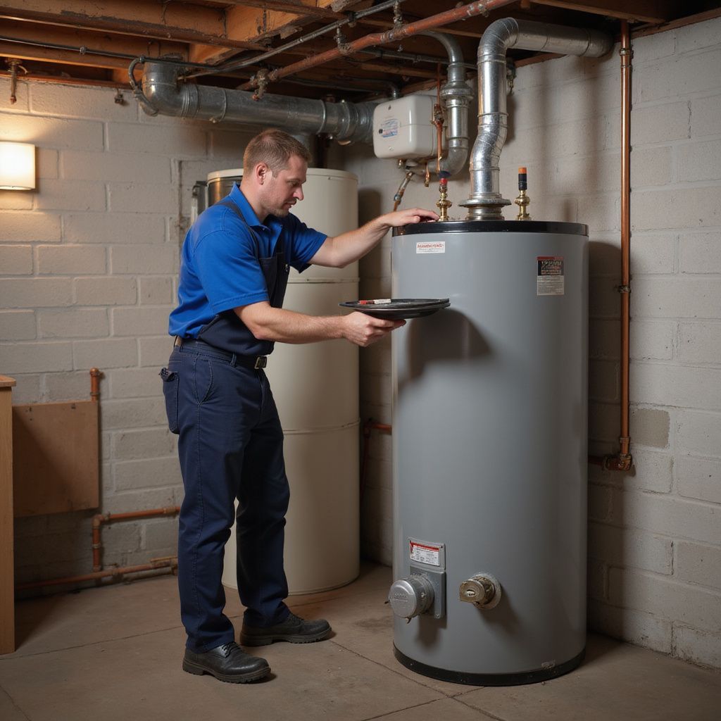 Man in blue shirt examines a gray water heater in a basement.