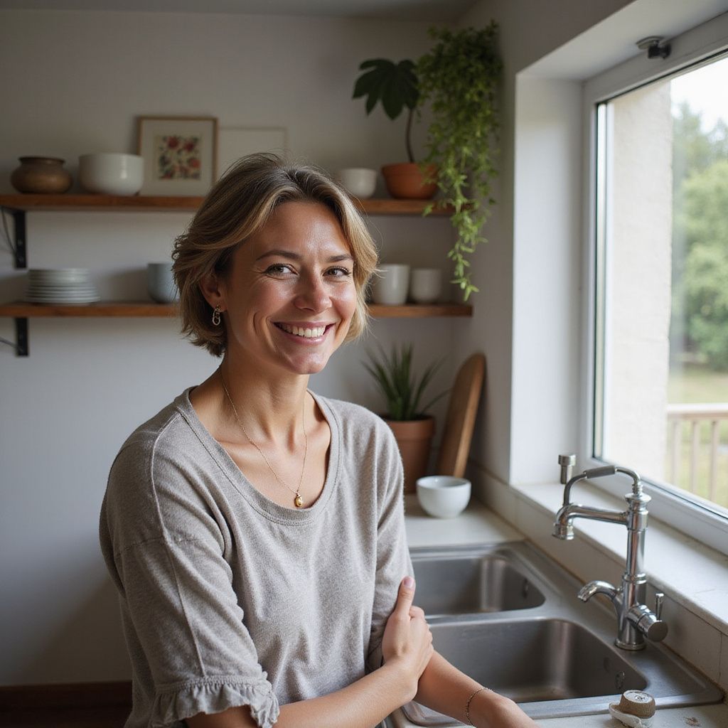 Woman smiling in a kitchen, standing near a sink. Neutral tones, shelves with plants and dishes.