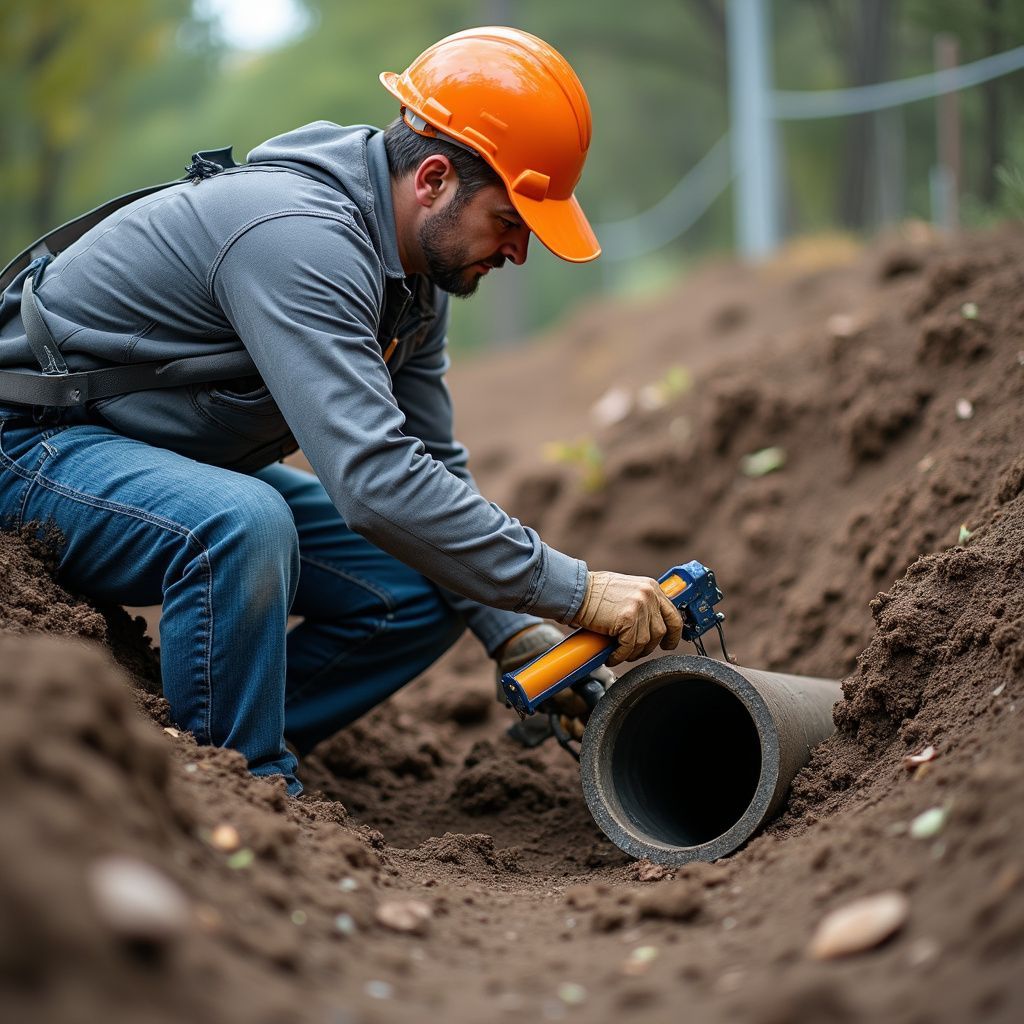 Construction worker in orange hard hat cutting a pipe in a trench.