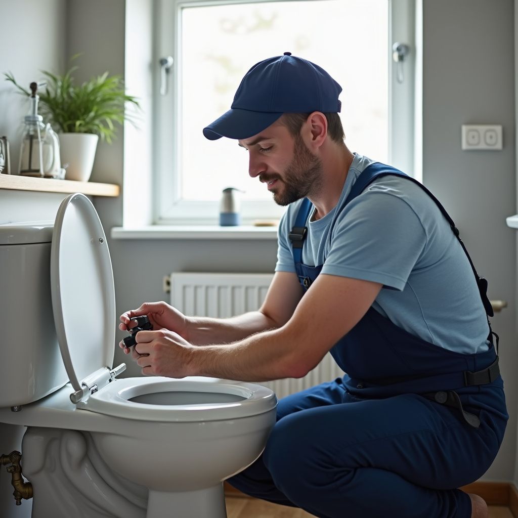 Plumber in blue overalls fixing a toilet in a bathroom.