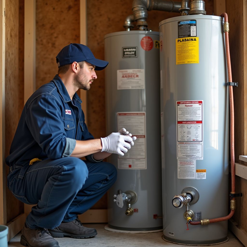 A technician inspects two water heaters in a utility room, wearing blue overalls and gloves.