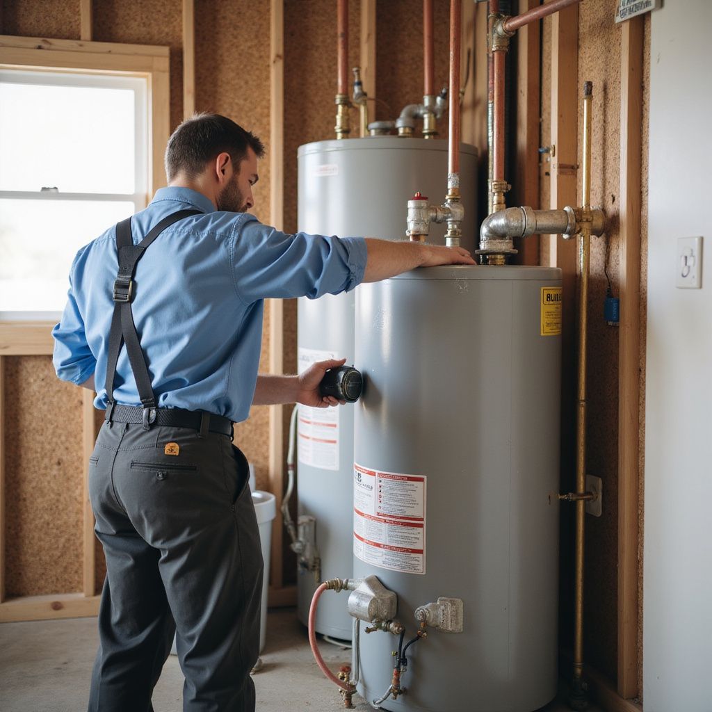 Man in blue shirt inspects water heater tanks in a utility room.