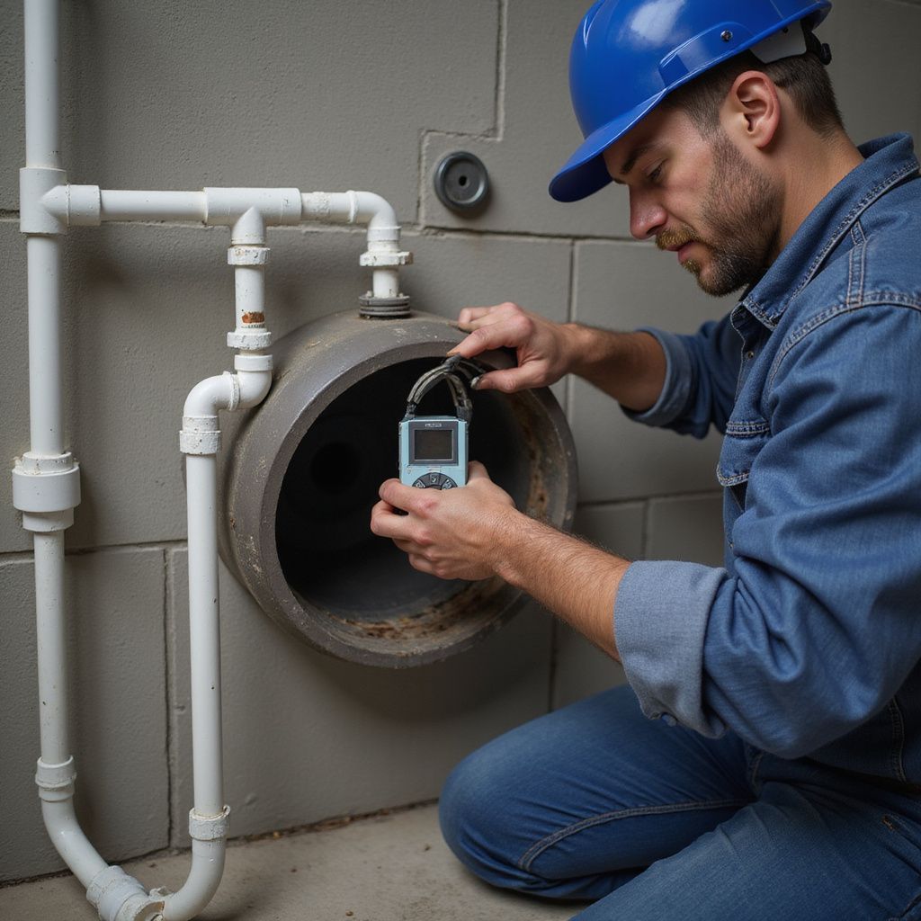 Man in a blue hard hat kneels, using a tool on a pipe in a concrete room.