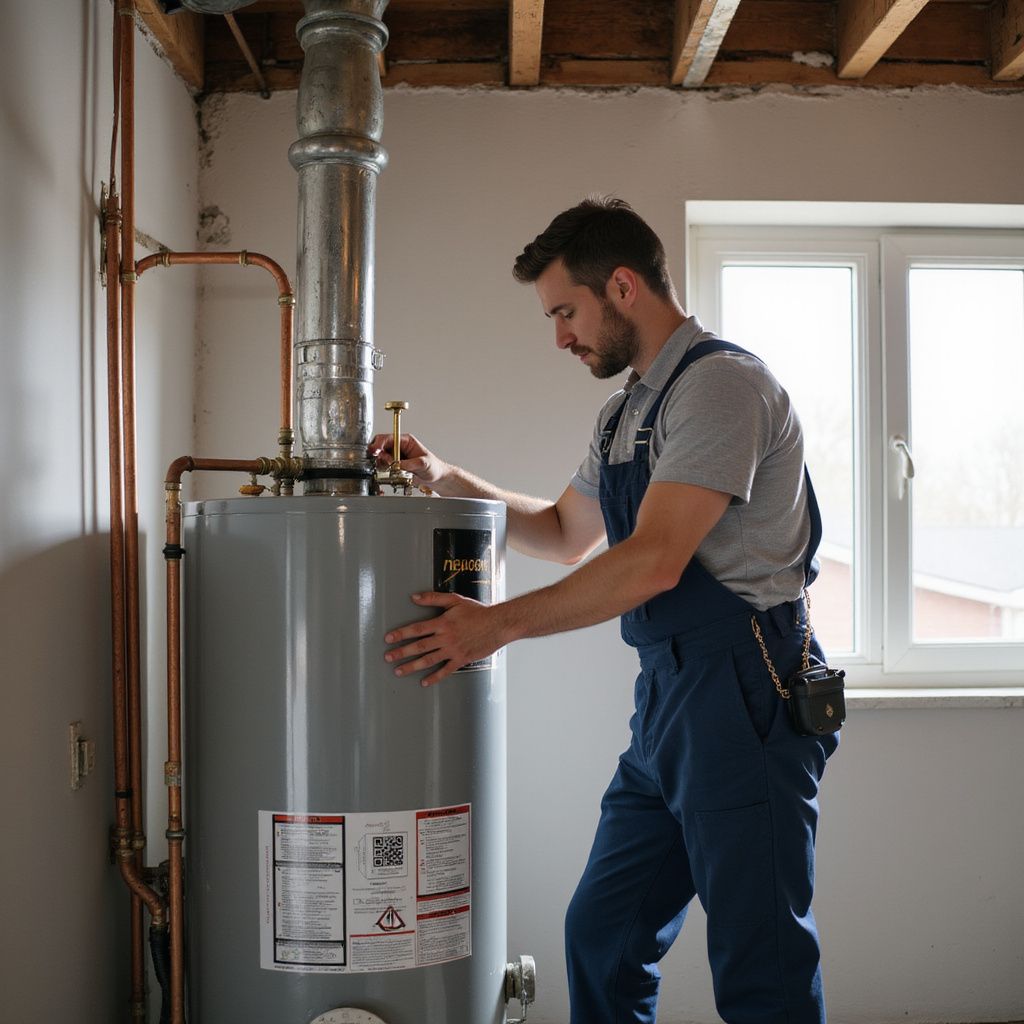 Man in blue overalls working on a water heater in a room with a window.