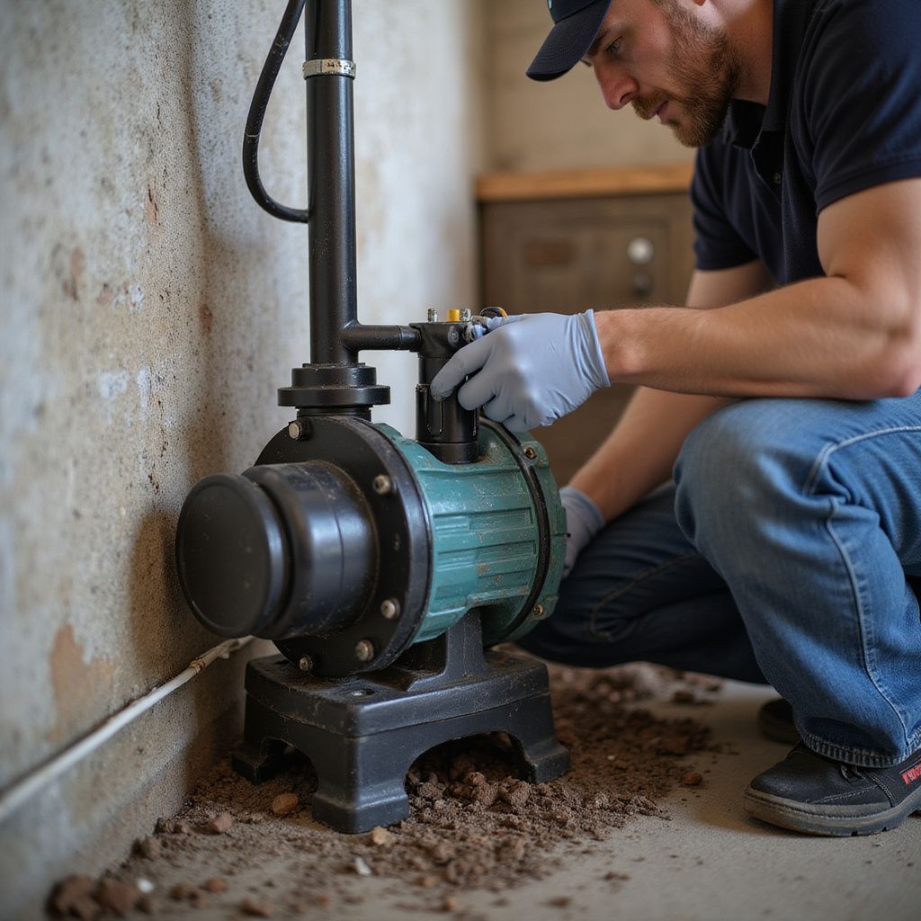 Man in gloves fixing a pump in a basement; the pump is green and black.