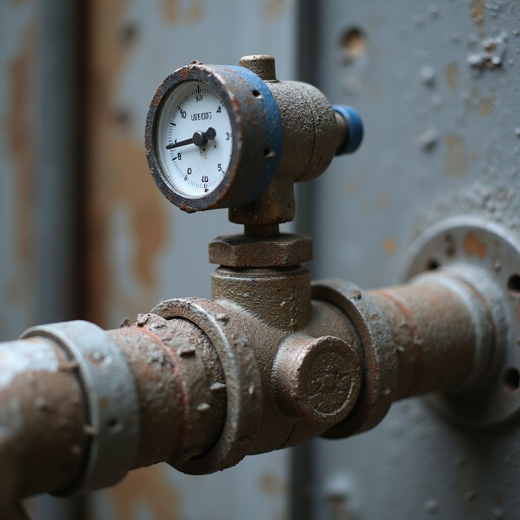 Rusty pressure gauge on a metal pipe, close-up, reading 120.