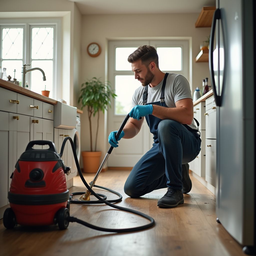 Man in a kitchen kneels, spraying pest control with a vacuum.