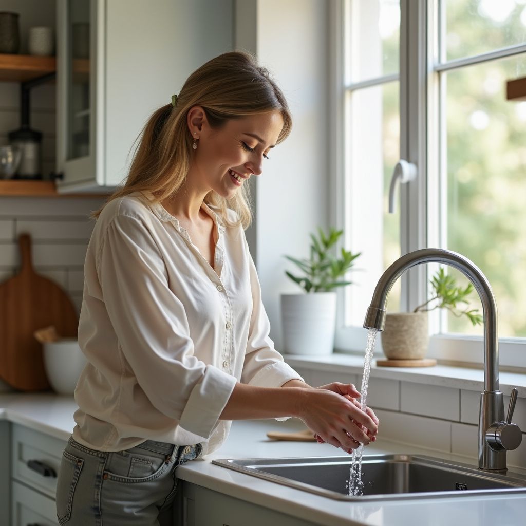 Woman washing hands at a kitchen sink, smiling by a window with a plant.