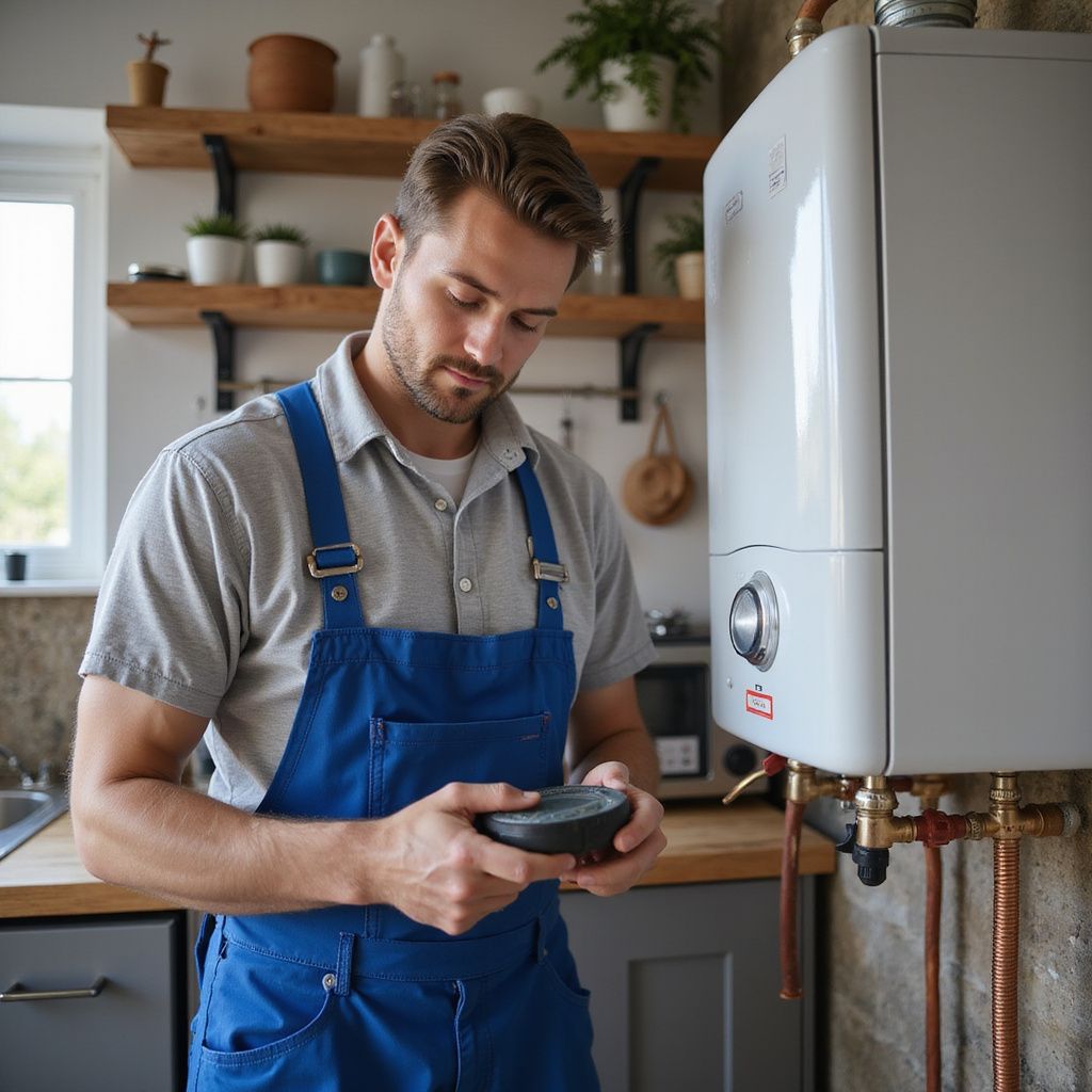 Plumber in blue overalls examines a control panel near a white water heater in a kitchen.