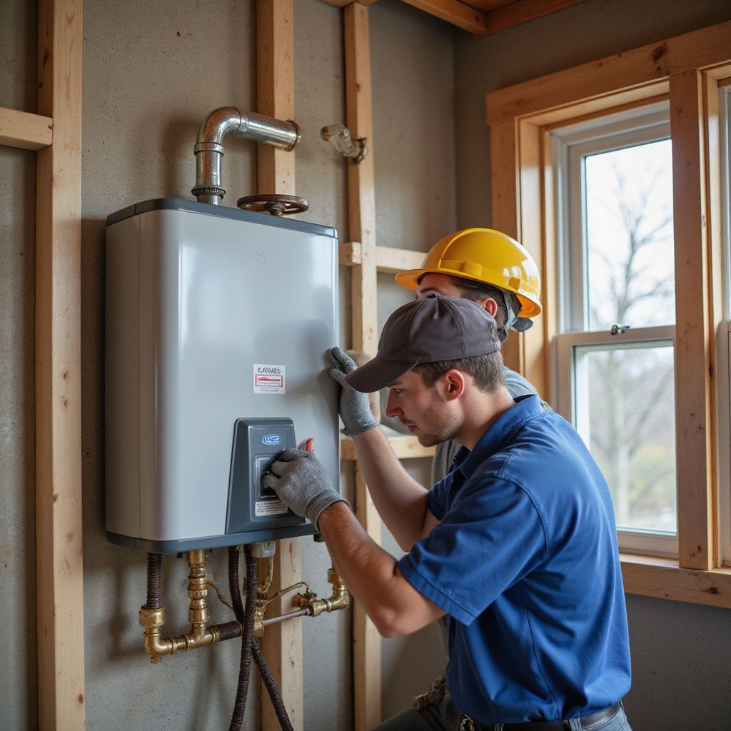 Two men installing a water heater in a partially constructed room, one wearing a yellow hard hat.
