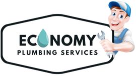Logo for Economy Plumbing Services. A cartoon plumber holds a wrench near.