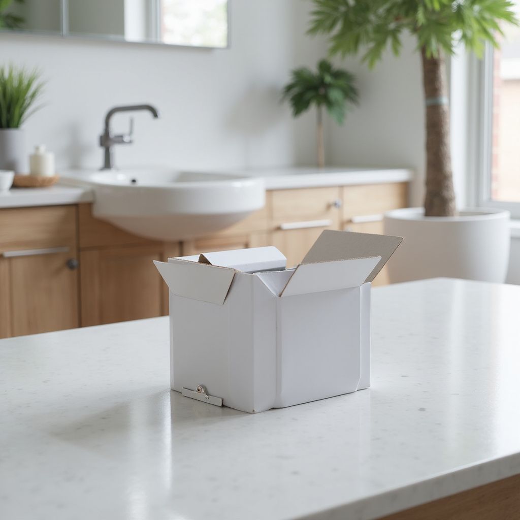 White, open cardboard box on a white countertop in a bathroom with a sink, wooden cabinets, and a potted plant.