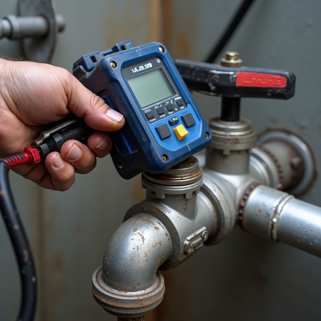 A hand holding a blue pressure testing device attached to a metal valve on a pipe.