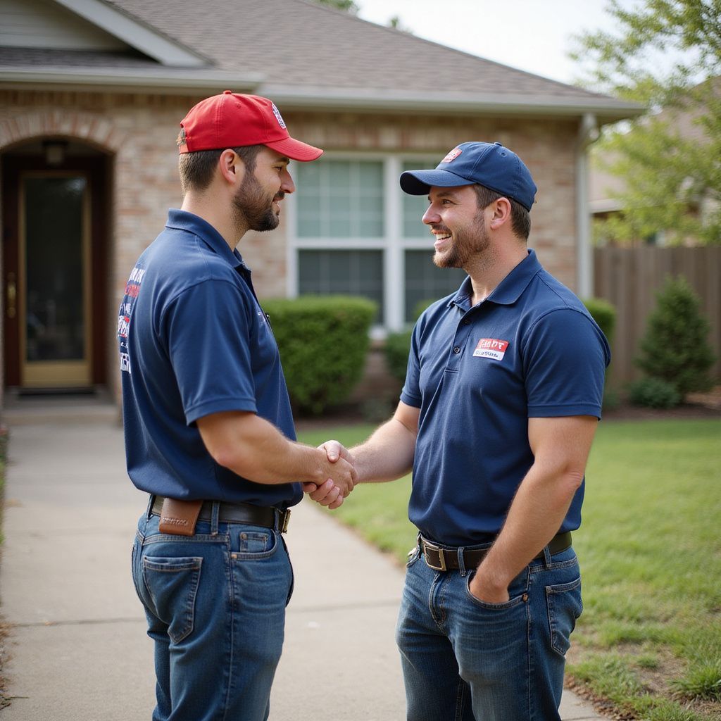 Two men shaking hands in front of a brick house, wearing blue shirts and baseball caps.